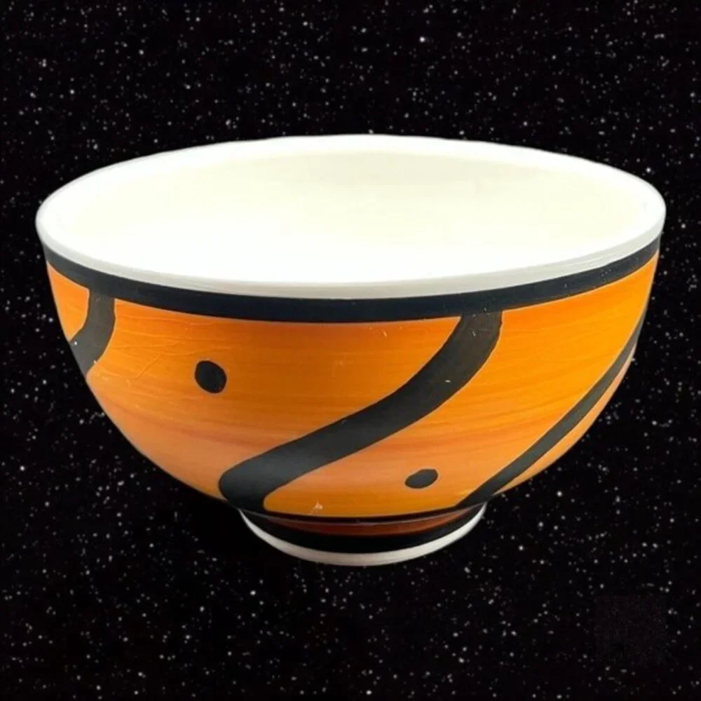 Pier 1 Hand Painted ITALY Orange & Black Cereal Bowl Set 4 Pcs Ceramic 3”T 5.5”W